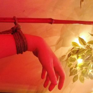 hand with a rope cuff attached to bamboo
